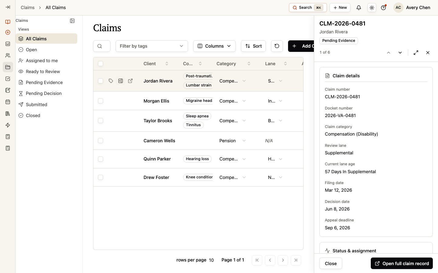 Quick view for a Claim record, with claim details and an option to open the full record.