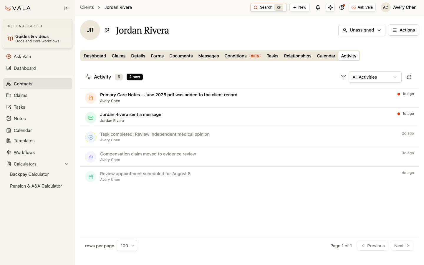 The Activity tab showing document, message, task, claim, and calendar updates for one Client.