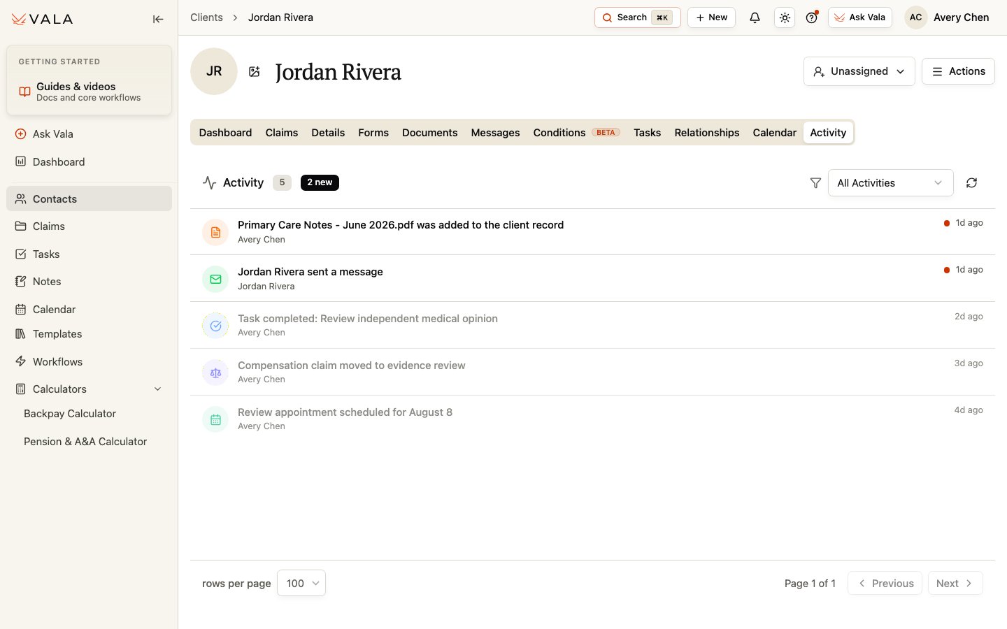 The Activity tab showing document, message, task, claim, and calendar updates for one Client.