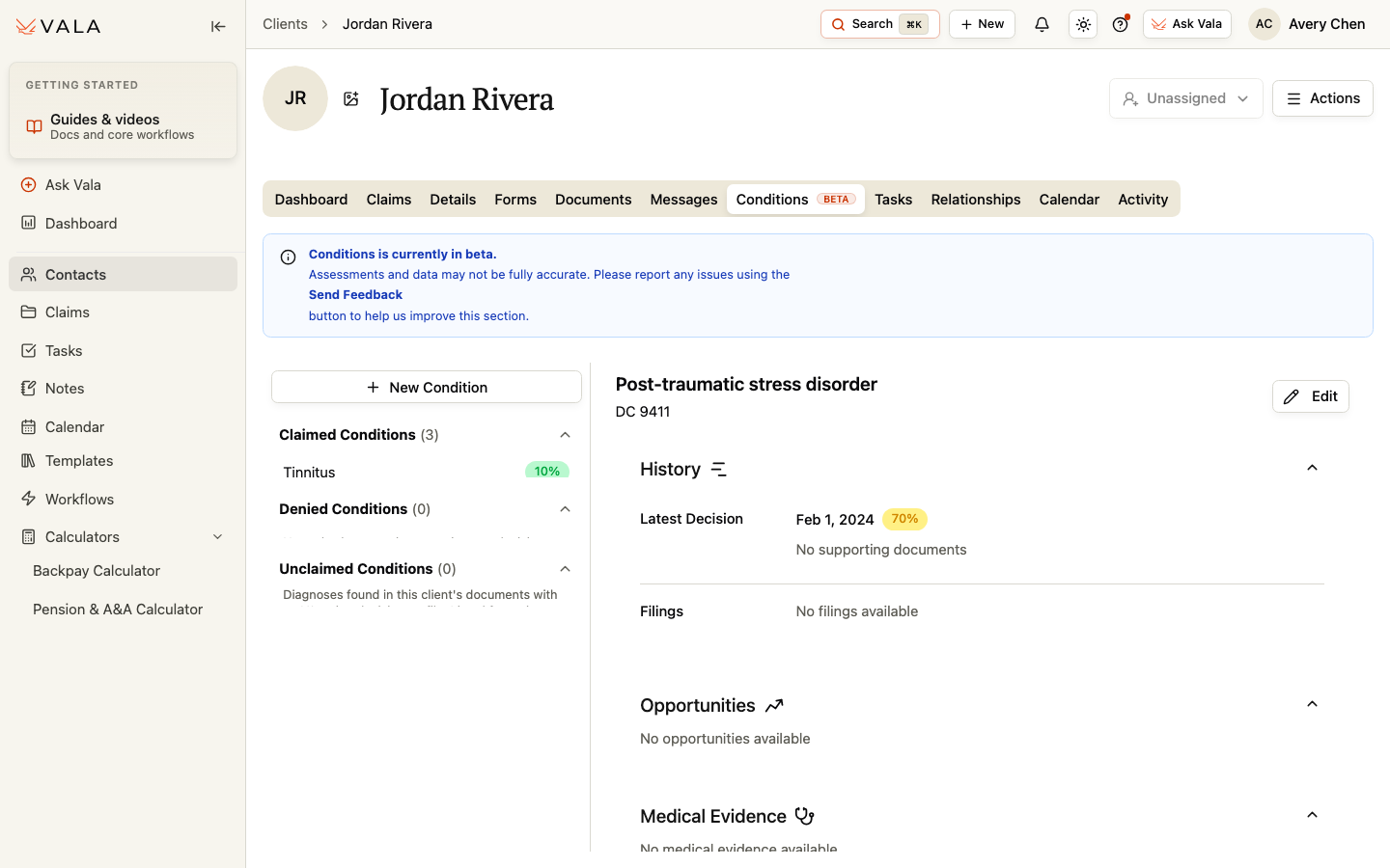 The Conditions tab with a condition list, condition detail, history, and supporting context.