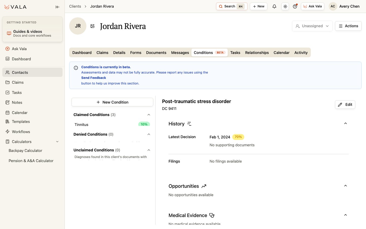 The Conditions tab with a condition list, condition detail, history, and supporting context.