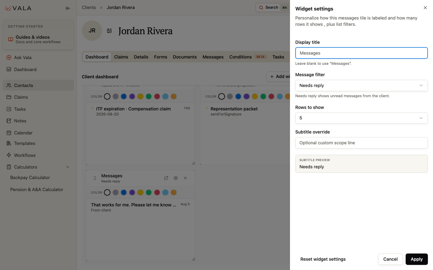 Dashboard customization with the Messages widget settings open.