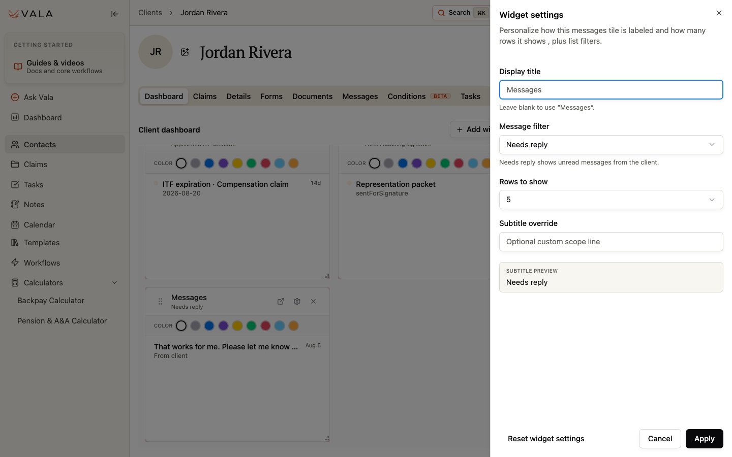 Dashboard customization with the Messages widget settings open.