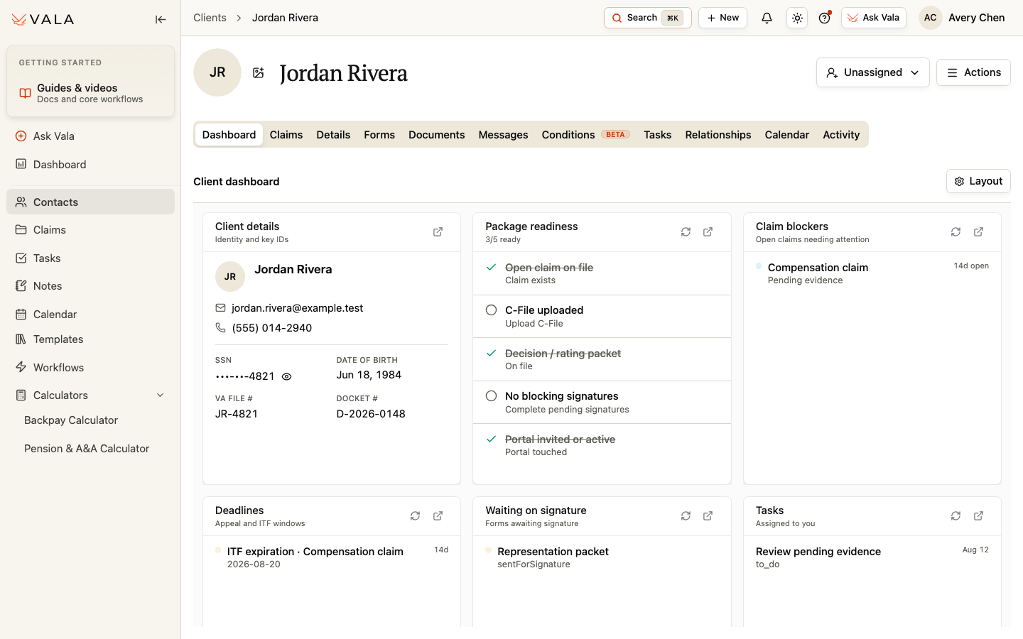 A Client Dashboard with details, package readiness, claim blockers, deadlines, signatures, and tasks.