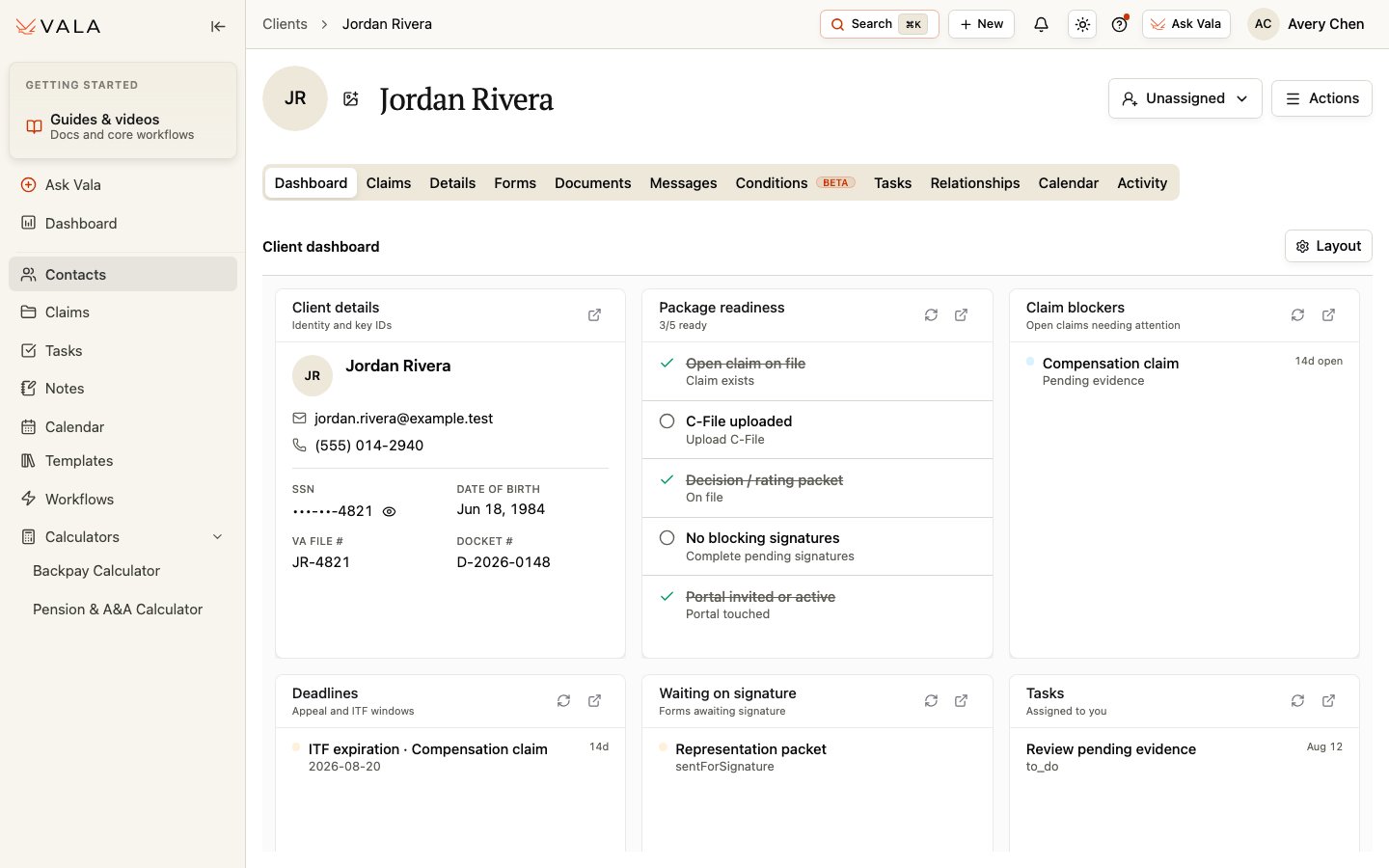 A Client Dashboard with details, package readiness, claim blockers, deadlines, signatures, and tasks.