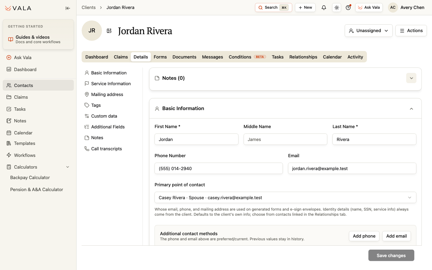 The Details tab showing basic Client information and the Primary point of contact field.