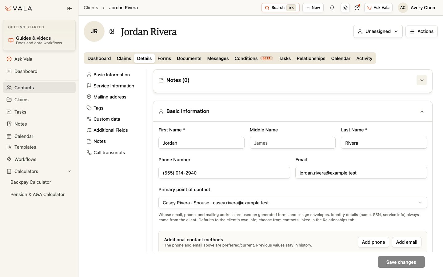 The Details tab showing basic Client information and the Primary point of contact field.