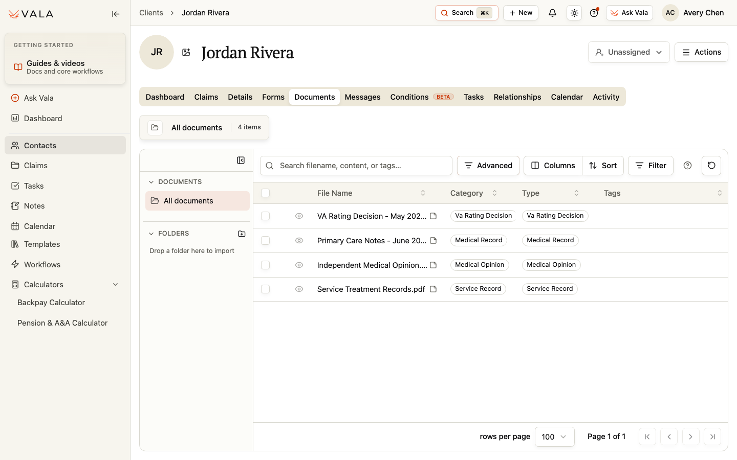 The Documents tab showing folders, search, table columns, sorting, and filters.