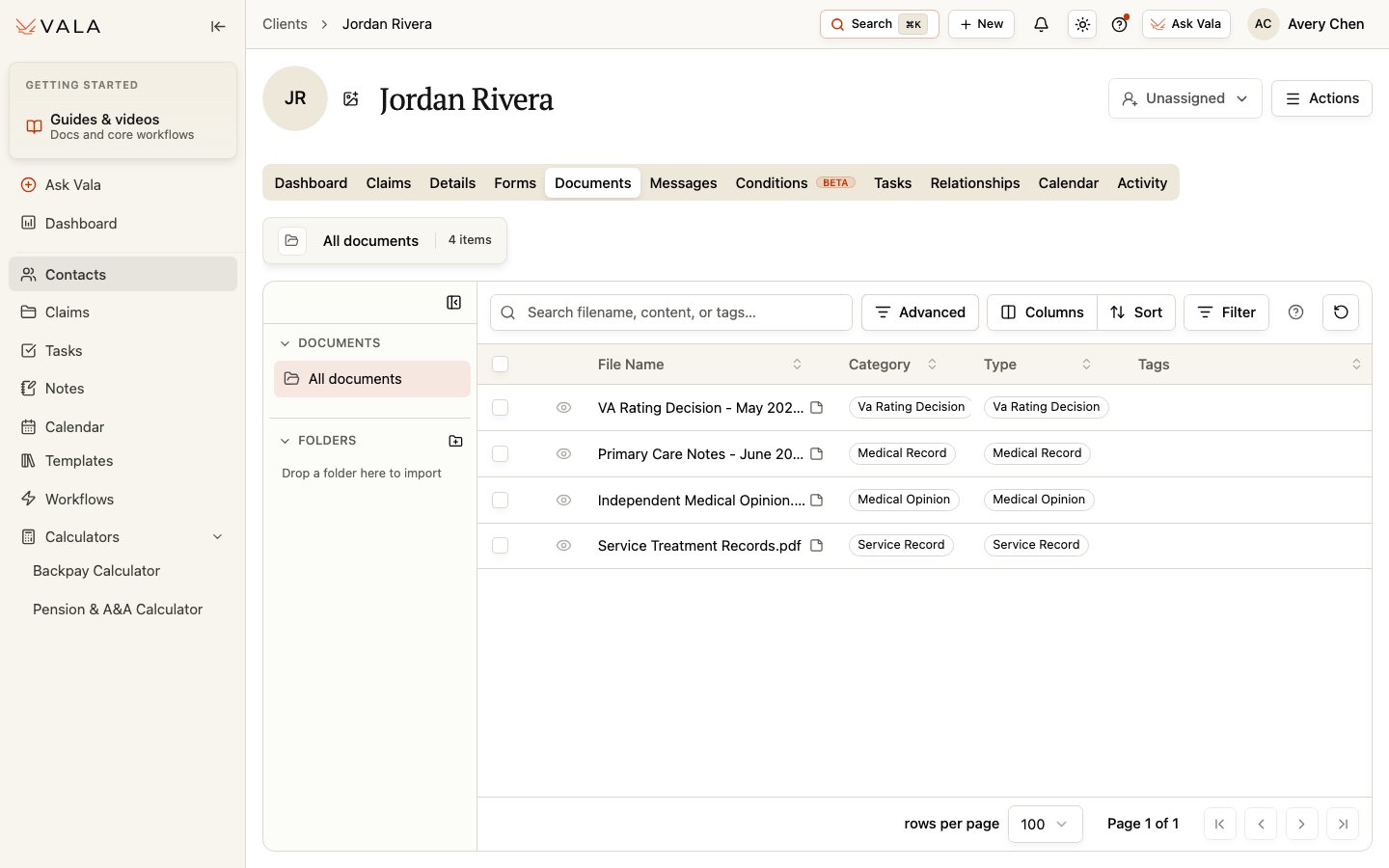 The Documents tab showing folders, search, table columns, sorting, and filters.