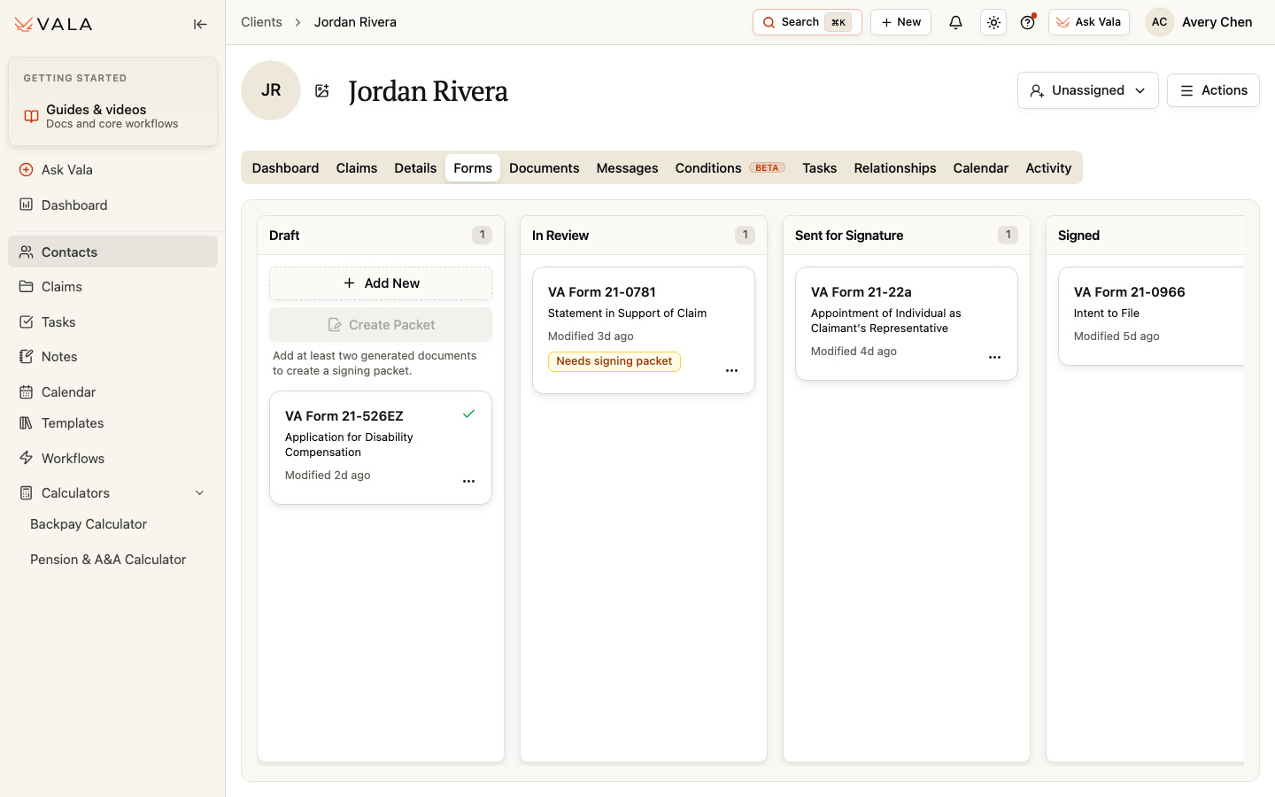 The Forms tab with Draft, In Review, Sent for Signature, and Signed columns.