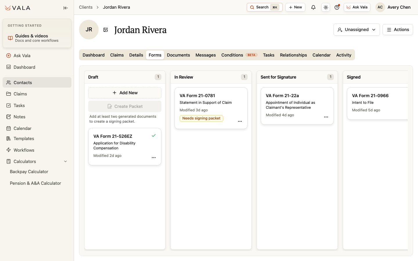 The Forms tab with Draft, In Review, Sent for Signature, and Signed columns.
