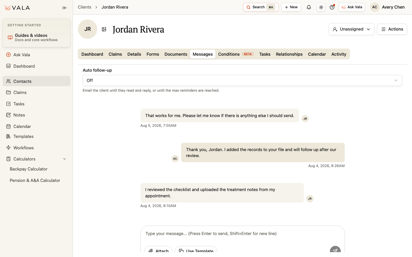 The Messages tab showing a Client conversation and message composition controls.