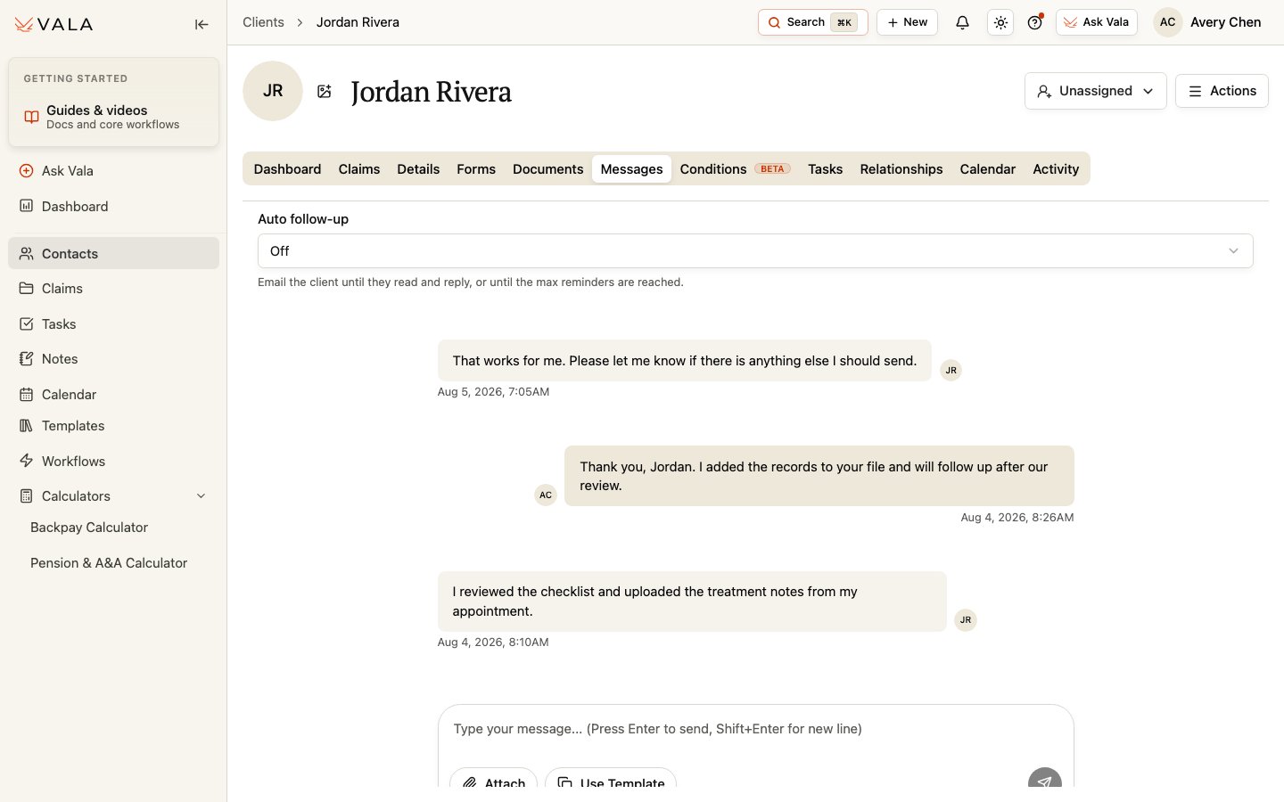 The Messages tab showing a Client conversation and message composition controls.