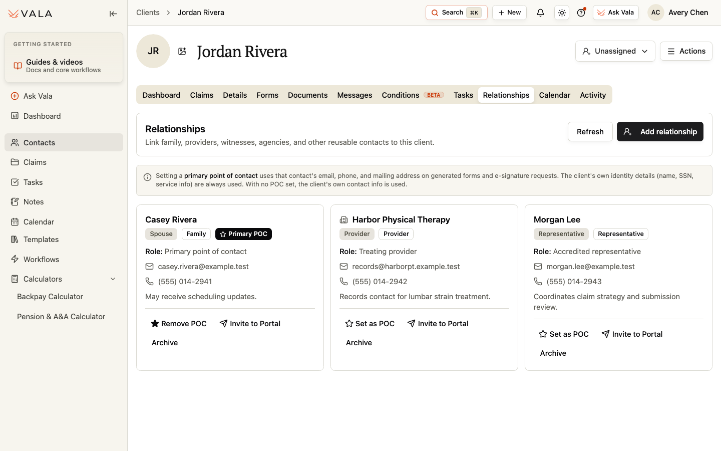 The Relationships tab showing family, provider, and representative Contacts linked to a Client.