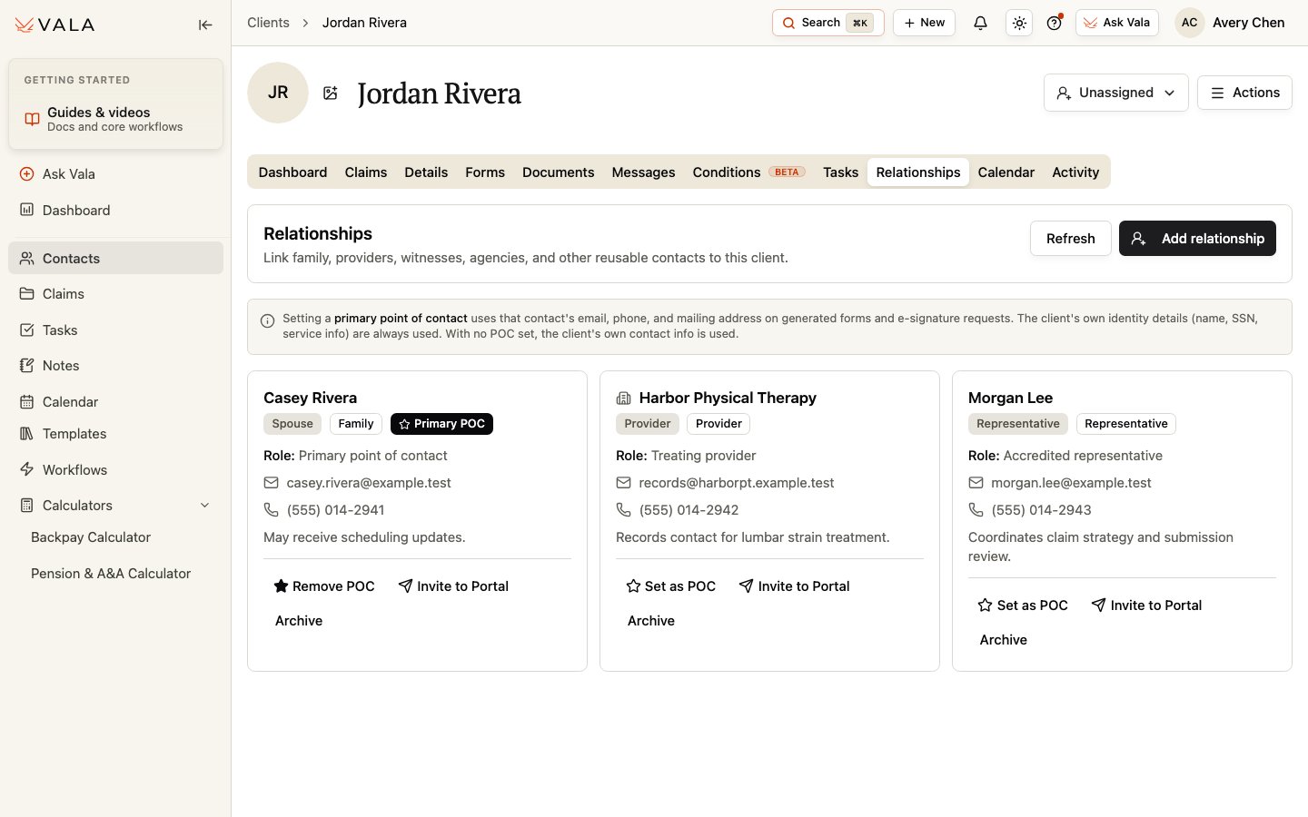 The Relationships tab showing family, provider, and representative Contacts linked to a Client.