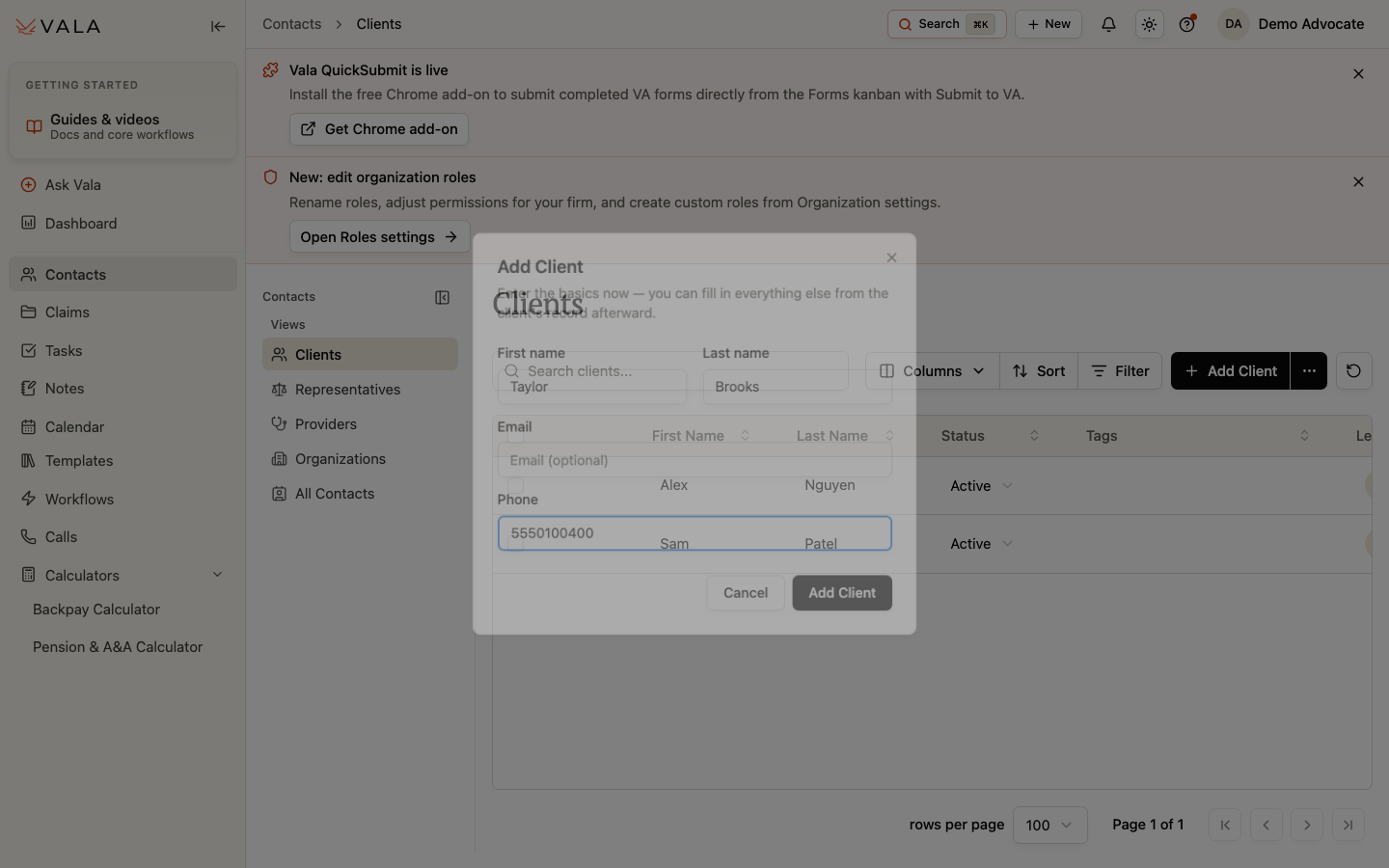 The Add Client dialog in the Clients view.