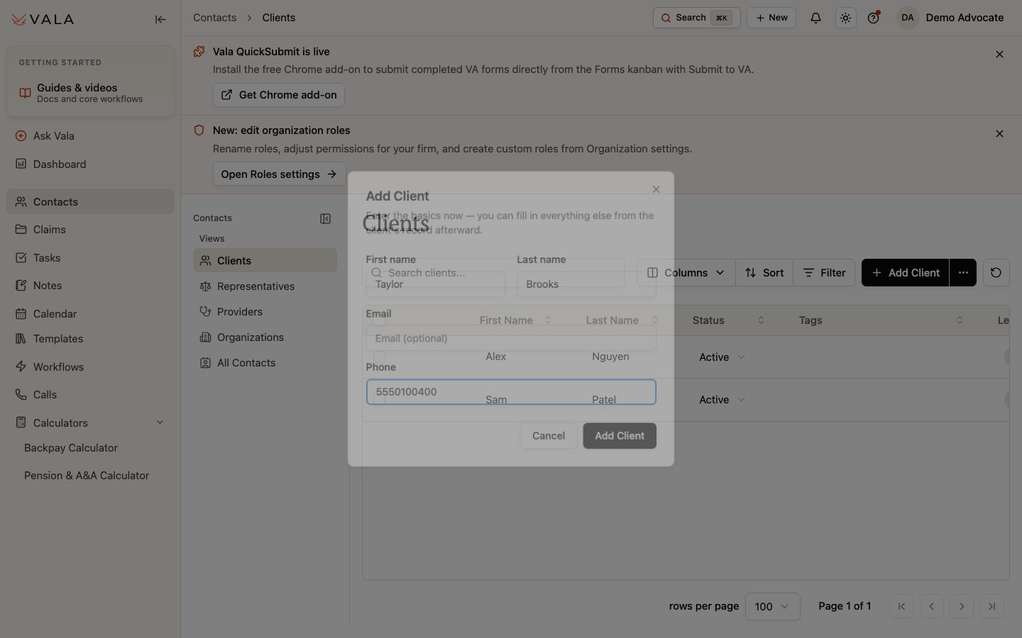 The Add Client dialog in the Clients view.