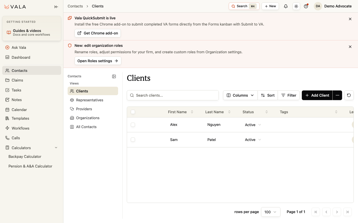 The Contacts workspace with the Clients view selected.