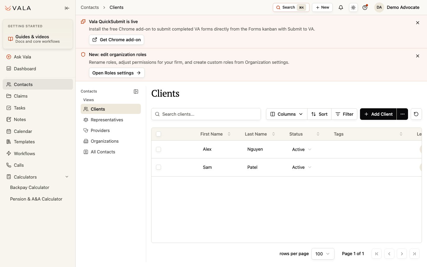 The Contacts workspace with the Clients view selected.