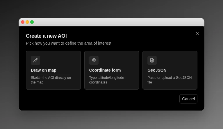 Create-AOI method picker with the Draw, Coordinate form, and GeoJSON cards