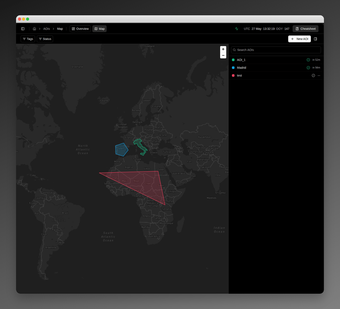 AOI Map page with multiple AOIs plotted on the world basemap