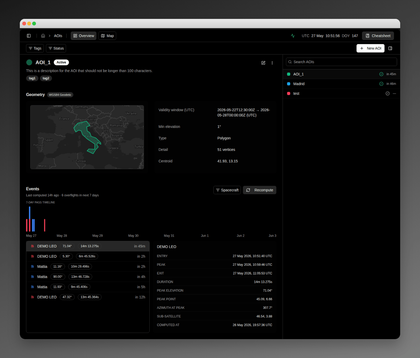 AOI Overview page with the identity hero, geometry preview, properties column, and events section
