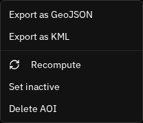 The area actions menu open on an exportable polygon area, showing Export as GeoJSON and Export as KML above Set inactive and Delete AOI