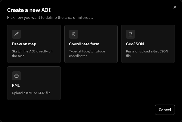Create-AOI method picker with the Draw, Coordinate form, GeoJSON, and KML cards