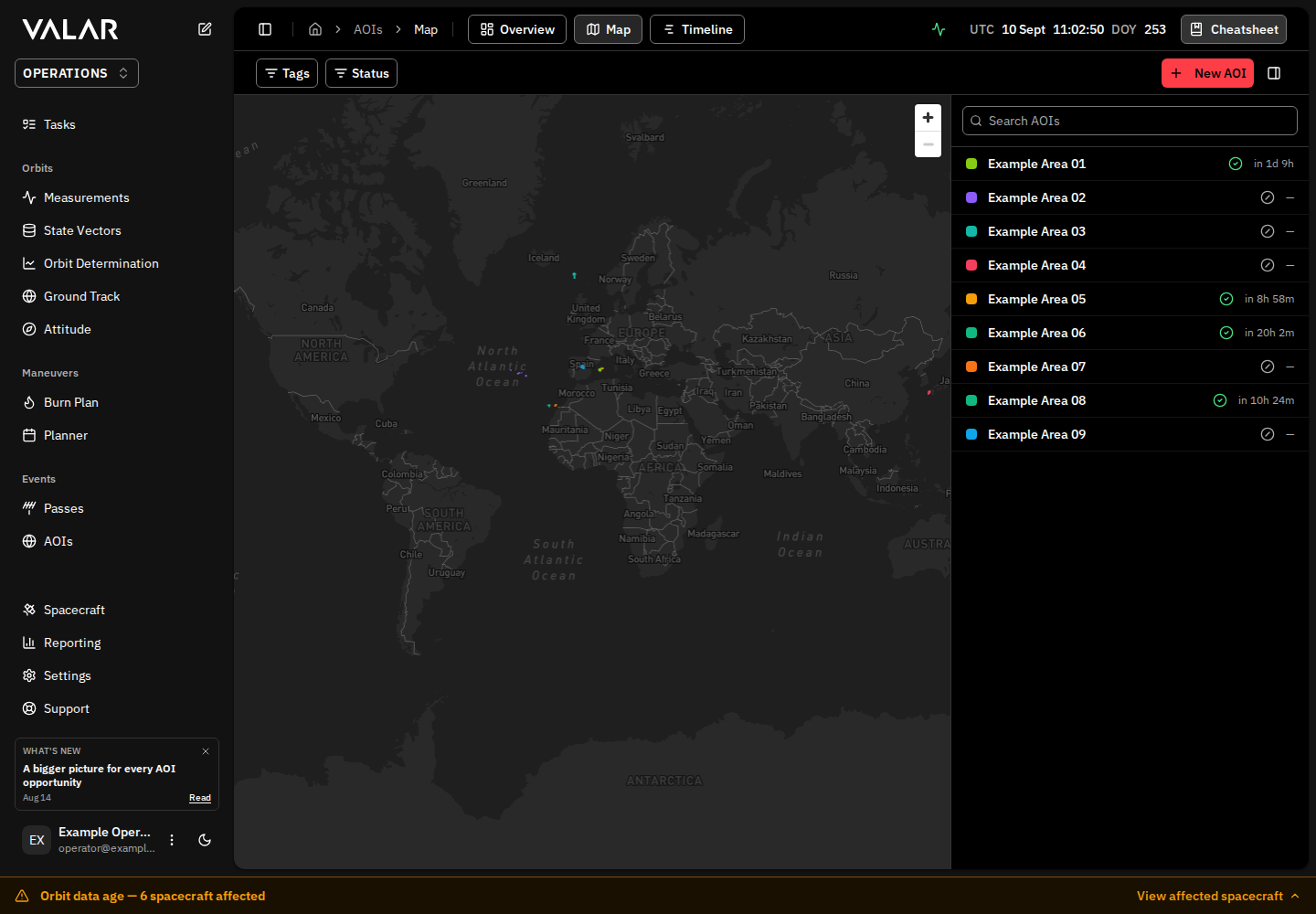 AOI Map page with multiple AOIs plotted on the world basemap
