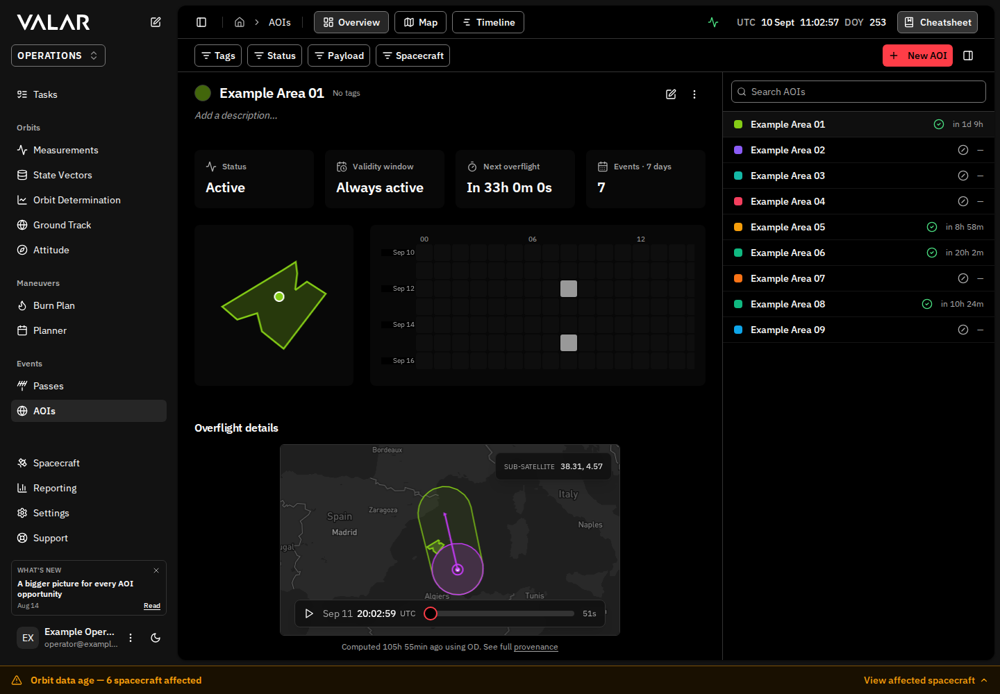 AOI Overview page with the identity hero, geometry preview, properties column, and events section