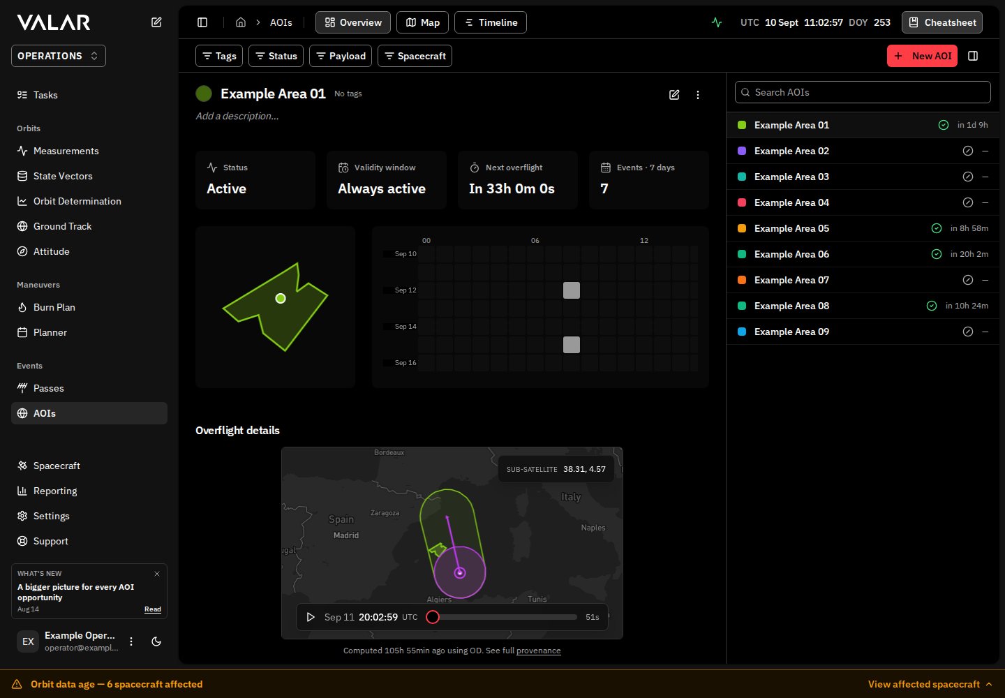 AOI Overview page with the identity hero, geometry preview, properties column, and events section