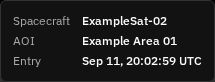 A mark's popover open on the timeline, showing Spacecraft, AOI, and Entry for the selected opportunity