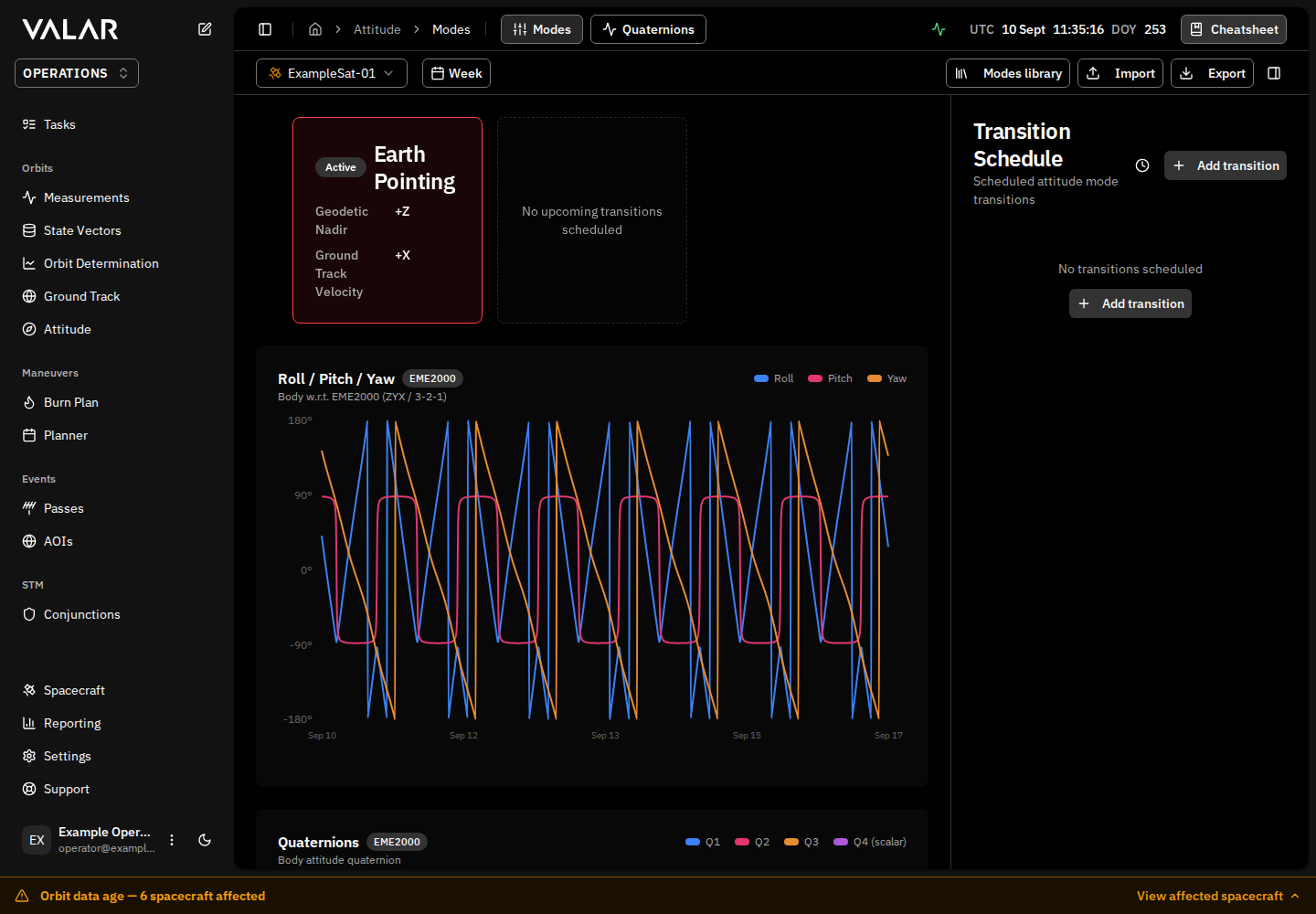 Attitude Modes page with the Export button in the page header, next to Import and Modes library
