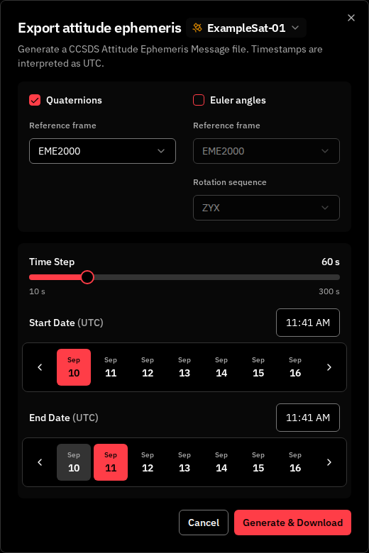Export attitude ephemeris dialog showing the Quaternions and Euler angles representation cards with per-card reference-frame selectors and the Euler rotation-sequence selector, above the Time Step slider and Start and End date pickers
