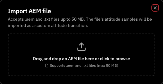 Import AEM file dialog with drag-and-drop upload zone