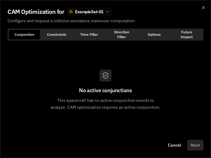CAM Optimization opening state when the selected spacecraft has no active conjunctions