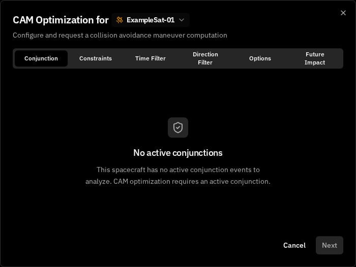Step 1 — Conjunction Selection CAM Optimization opening state when the selected spacecraft has no active conjunctions