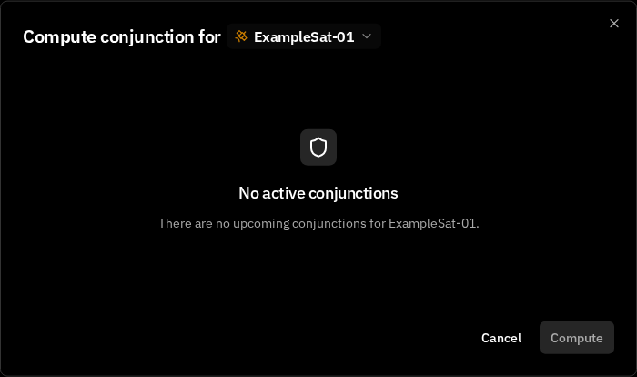 Compute conjunction dialog with no active conjunctions for the selected spacecraft