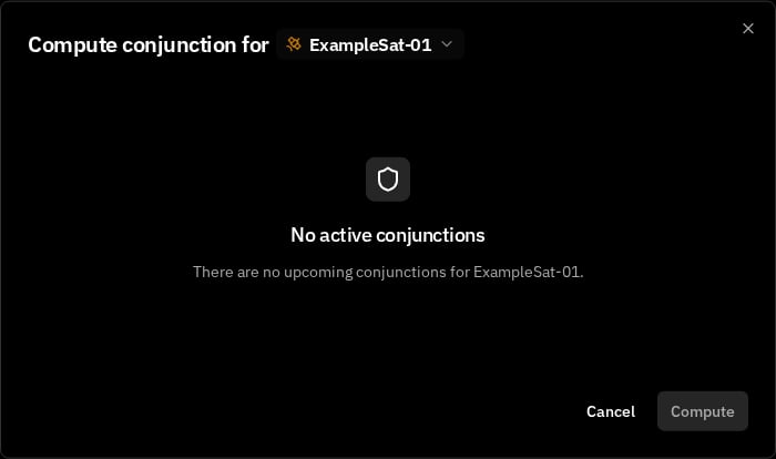 Compute conjunction dialog with no active conjunctions for the selected spacecraft