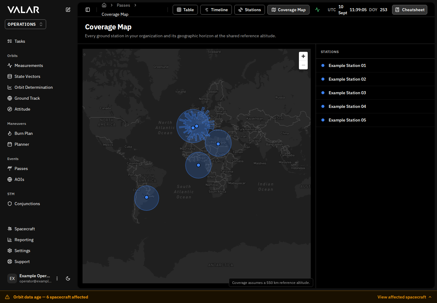 Coverage Map page with ground stations and coverage polygons plotted on the world basemap