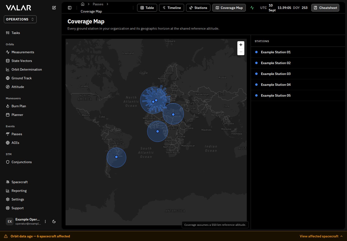 Coverage Map page with ground stations and coverage polygons plotted on the world basemap