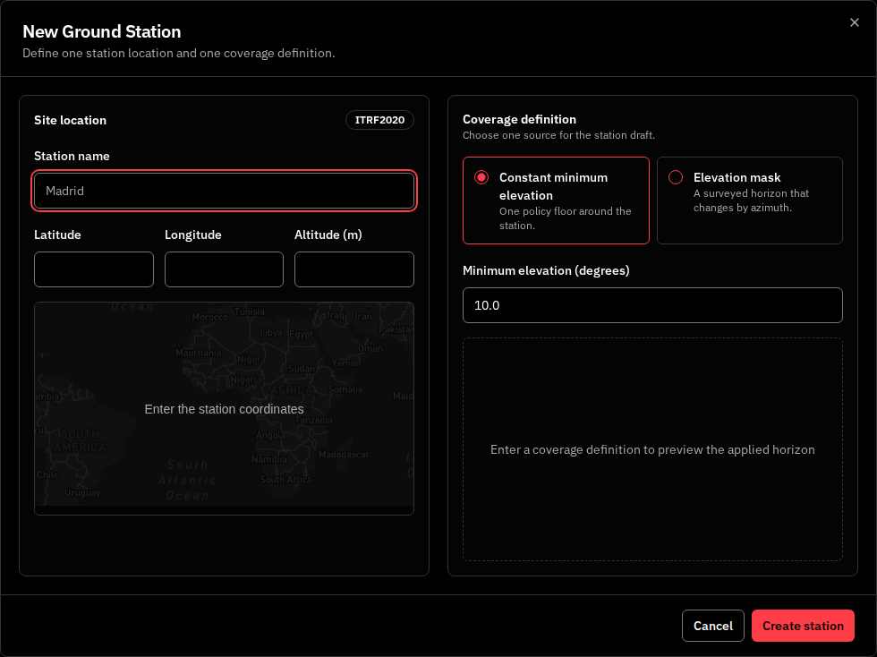 New Ground Station modal showing the site-location column with a populated minimap, and the coverage-definition column in constant minimum elevation mode