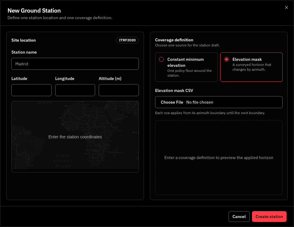 New Ground Station modal in elevation mask mode, showing an uploaded CSV file and the resulting applied-horizon radar preview