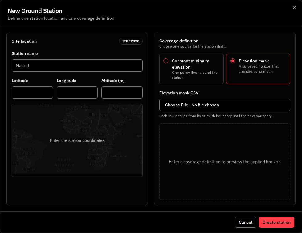 New Ground Station — elevation mask New Ground Station modal in elevation mask mode, showing an uploaded CSV file and the resulting applied-horizon radar preview