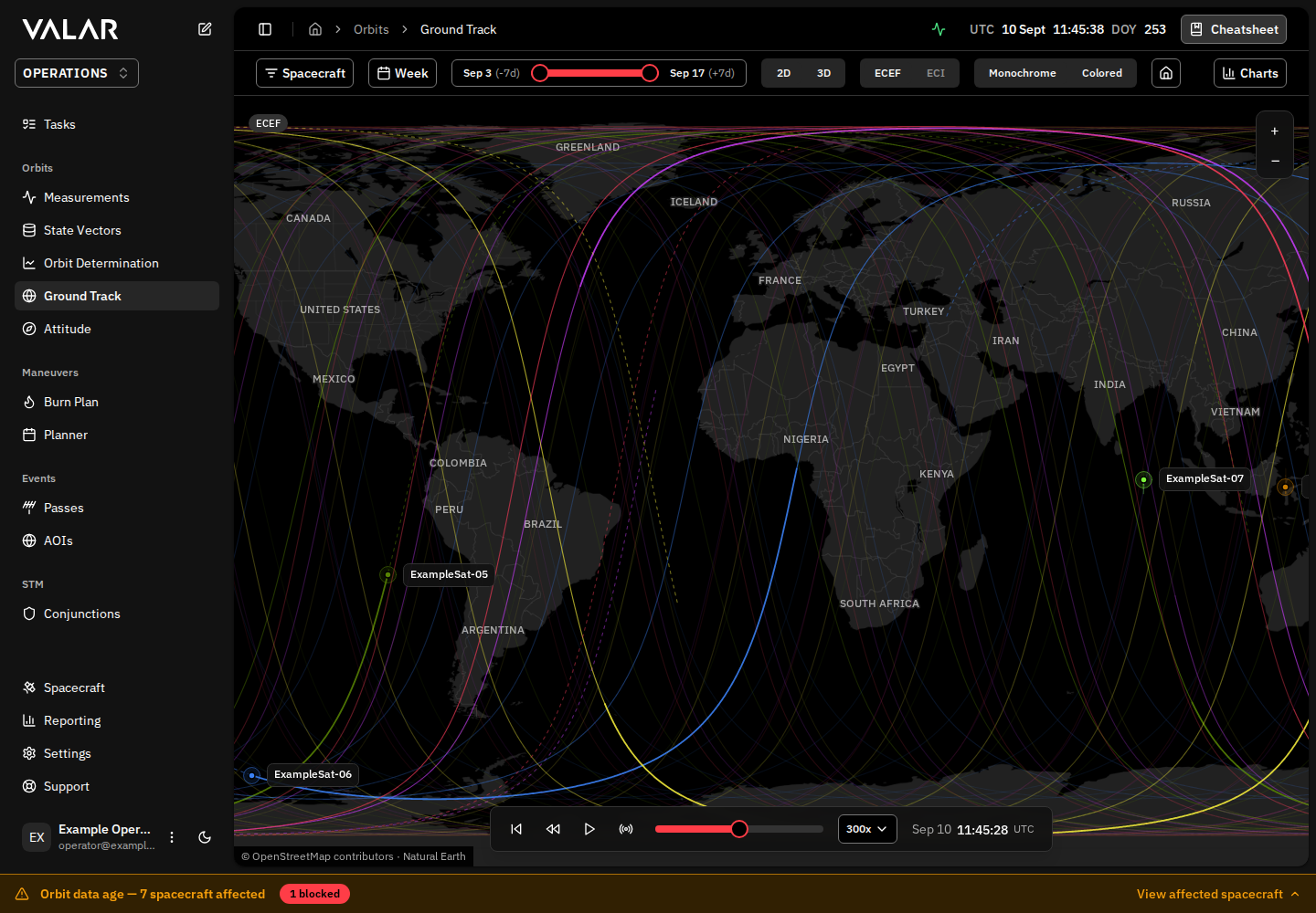 VALAR Ground Track with spacecraft paths, view controls, and playback timeline