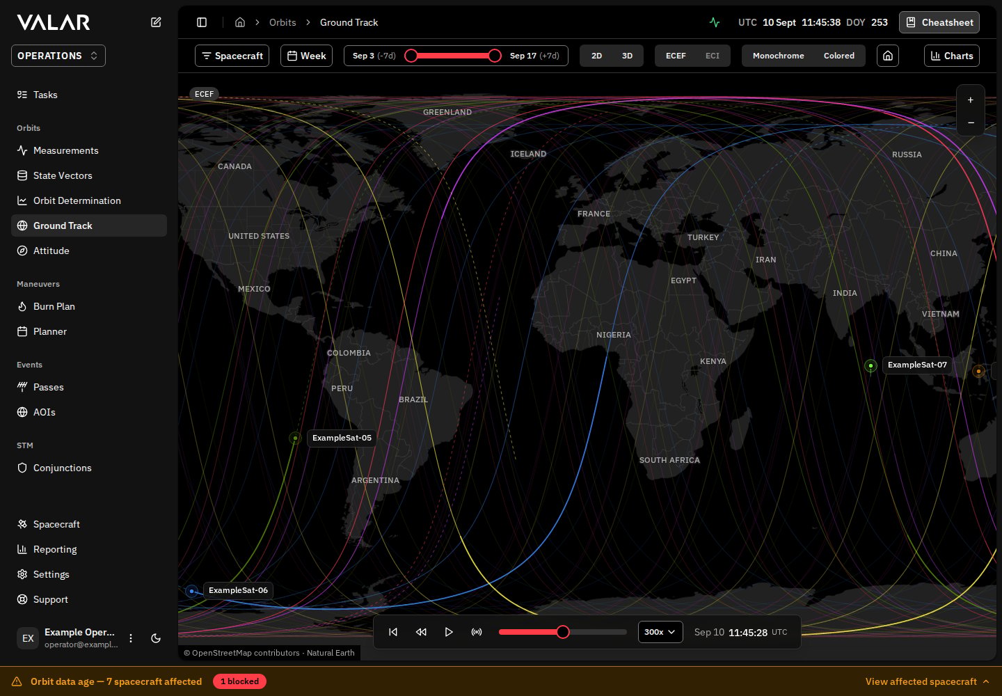 VALAR Ground Track with spacecraft paths, view controls, and playback timeline