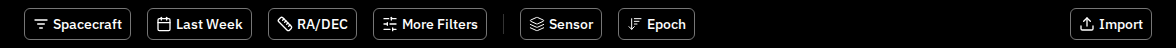 Measurements toolbar with spacecraft, time range, measurement type, sensor, and import controls