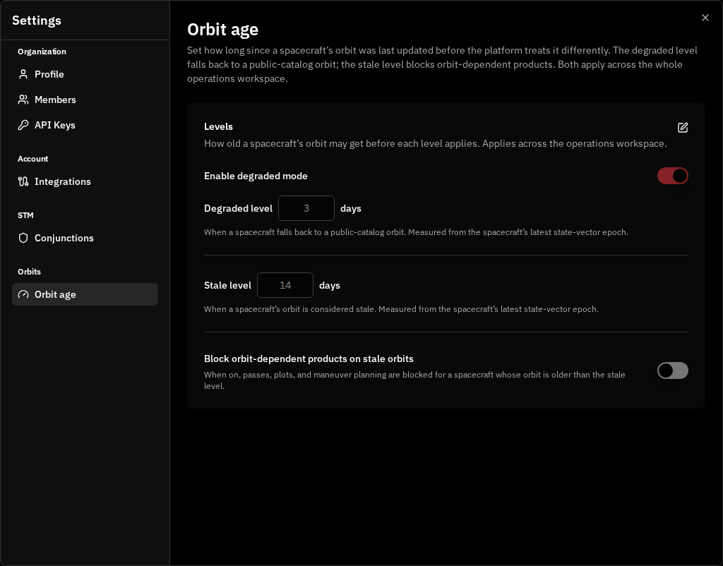 The unified Orbit age settings section showing the Enable degraded mode switch, the Degraded level day field, the Stale level day field, and the Block orbit-dependent products on stale orbits switch