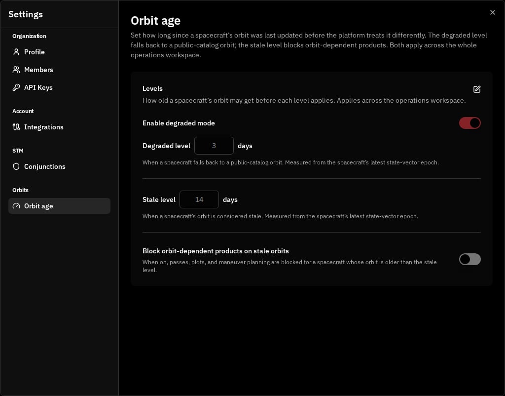 Orbit age settings The unified Orbit age settings section showing the Enable degraded mode switch, the Degraded level day field, the Stale level day field, and the Block orbit-dependent products on stale orbits switch