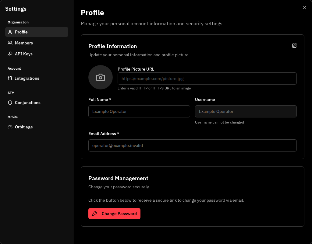 VALAR Settings dialog with organization and account options